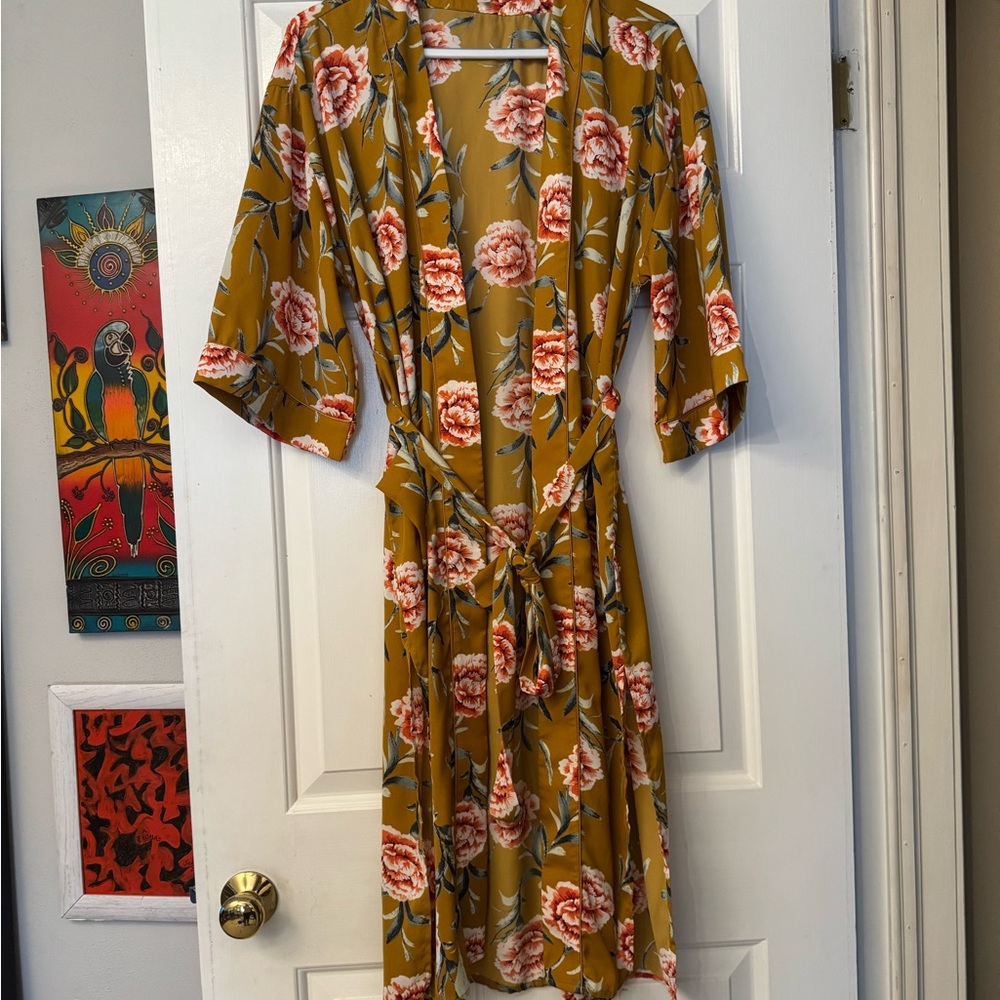 Floral Mustard Satin Robe
